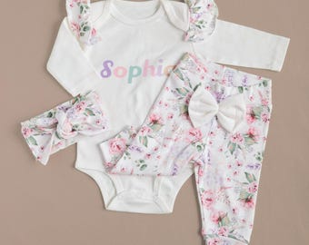 Personalized Newborn Girl Outfit: Floral Baby Bodysuit, Pants & Headband