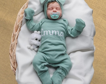 Personalized Baby Girl Coming Home Outfit: Cotton Jumpsuit & Bow Headband