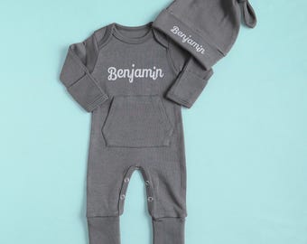 Little Brother Homewear, Personalized Name Hat Navy Romper, Homewear, Personalized, Newborn Baby Boy