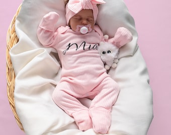 Personalized Baby Girl Coming Home Outfit: Cotton Jumpsuit & Bow Headband