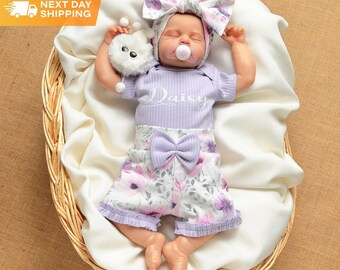 Personalized Baby Girl Coming Home Outfit: Lilac Ribbed Bodysuit, Floral Shorts