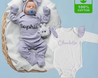 Personalized Baby Girl Outfit: Cotton Romper, Bodysuit, Lilac Flutter Sleeves