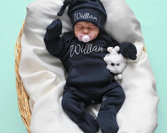 Personalized Baby Boy Coming Home Outfit: Cotton Romper & Beanie