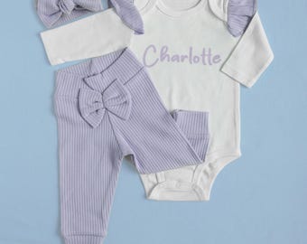 Personalized Baby Girl Coming Home Outfit: Cotton Bodysuit, Pants & Headband