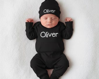Newborn Gift, Baby Shower, Boy Romper Hat Set, Going Home Outfit