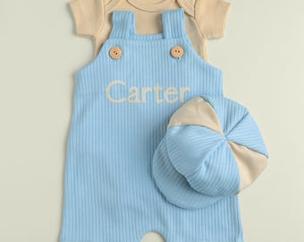 Personalized Baby Boy Overalls Romper Set, Newborn Coming Home Outfit, Baby Shower Gift