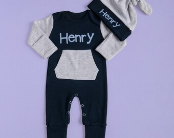 Special Boy Baby Romper and Hat, Newborn Set, Name Personalized Romper and Hat, Pocket Accessory Romper, Gift Newborn Set