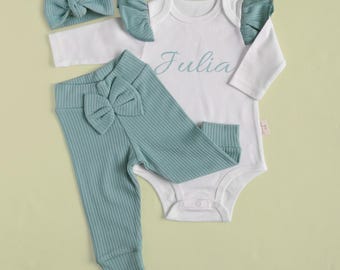 Personalized Baby Girl Coming Home Outfit: Cotton Bodysuit, Pants & Headband
