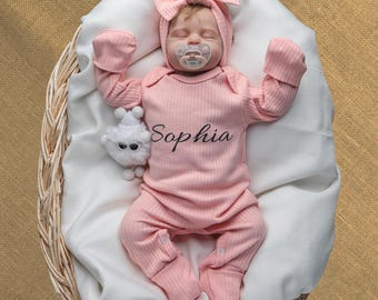 Personalized Baby Girl Coming Home Outfit: Cotton Romper, Bow Headband