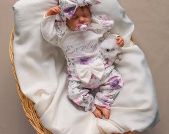 Personalized Newborn Girl Coming Home Outfit: Floral Baby Bodysuit Set