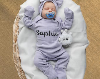 Personalized Baby Girl Coming Home Outfit: Cotton Romper, Bow Headband