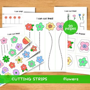 May include: Several white paper sheets featuring colourful flower illustrations and the text "I can cut lines!" and "I can cut shapes!". The image also includes cutting strips with flower designs and the words "CUTTING STRIPS flowers".