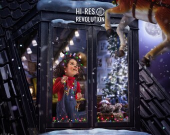 May include: A young girl with curly brown hair is wearing a red shirt and blue overalls. She is looking up at a reindeer that is climbing through a window. The window is decorated with Christmas lights. The text "HI-RES REVOLUTION" is visible above the window.