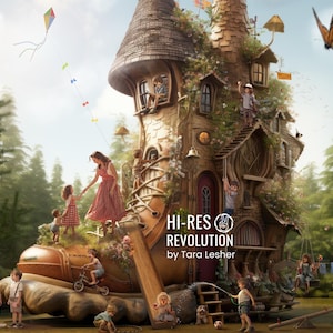 May include: A whimsical house built into a giant brown boot, surrounded by children playing in a forest setting. The house has a tower, windows, and a door. The boot has a brown leather texture and laces. The children are wearing colorful clothing and playing with toys. The text "HI-RES REVOLUTION by Tara Lesher" is visible on the boot.