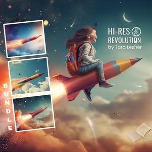 May include: A whimsical illustration depicts a child riding a pencil-shaped rocket through a dreamy sky. The image includes a bundle of rocket illustrations and the text "HI-RES REVOLUTION by Tara Lesher". The child wears a backpack.