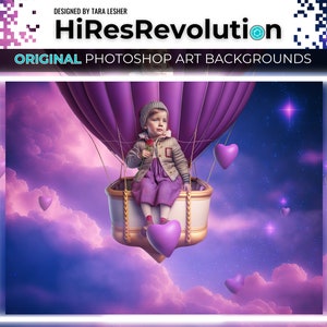 May include: A child in a purple dress and a white coat sits in a hot air balloon with a pink heart. The balloon is floating in a purple and pink sky with clouds and stars.