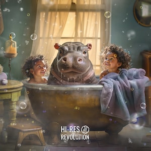 Hippopotame Photoshop fond numérique FineArt, composition photographique ludique, toile de fond numérique composite artistique superposition de bain moussant