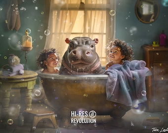 Hippo Bathtime Digital Background: Vintage Tub, Bubbles (PSD)