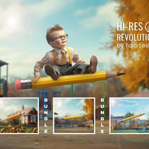 May include: A young child wearing glasses and a tie sits atop a large yellow pencil, with a pink eraser. The image has a whimsical, dreamlike quality, with a playground in the background. The text "HI-RES REVOLUTION by Tara Lesher" is visible.