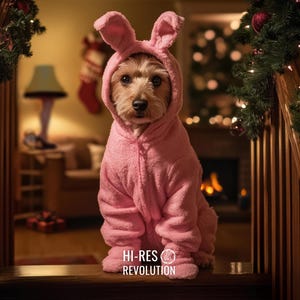 May include: A small, light brown dog wearing a pink bunny costume with long ears. The dog is sitting on a wooden staircase with a Christmas tree in the background.