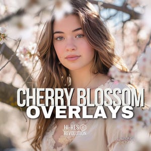 May include: A woman with long brown hair stands in front of a cherry blossom tree. The text "Cherry Blossom Overlays" is superimposed on the image. The text "Hi-Res Revolution" is also visible in the image.