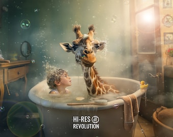 Giraffe Bathtime Digital Background: Whimsical Photo Editing Overlay (PSD)