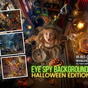 Puede incluir: Imagen con temática de Halloween con una niña vestida de bruja, rodeada de elementos espeluznantes. La imagen incluye tres imágenes insertadas y el texto "EYE SPY BACKGROUNDS HALLOWEEN EDITION". También se ven una calabaza y un caldero.