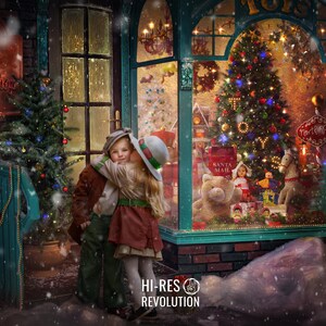 May include: Two children, a boy and a girl, stand in front of a toy shop window. The girl is wearing a brown dress and a green hat, and she is hugging the boy. The shop window is decorated with Christmas lights and toys, including a teddy bear, a wooden train, and a Christmas tree.