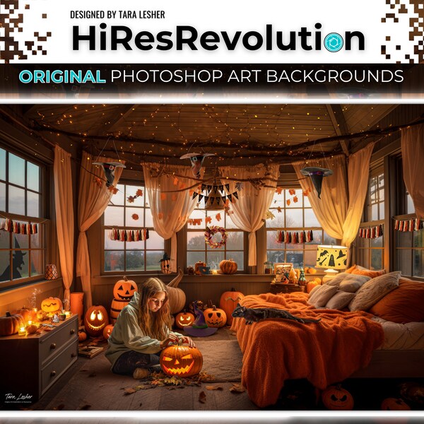 Halloween Bedroom Background for Photographers, Tara Lesher | Easy to use, High-Resolution PSD, Image Editing for Clients, Instant Download