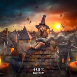 May include: A young witch sits on a rooftop, holding a broom, wearing a purple hat and dress. The image has a sunset backdrop with flying witches and falling leaves. Two lit candles are in the foreground. The image is a digital illustration.