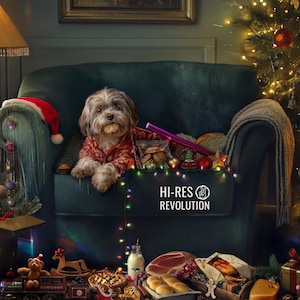 Puede incluir: Un perro con pijama rojo está sentado en un sillón verde, sosteniendo una galleta. Un gorro de Papá Noel descansa en el reposabrazos. La escena es festiva, con un árbol de Navidad, regalos y comida. El texto "HI-RES REVOLUTION" es visible.