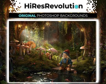 Fishing Pond Digital Background for Photographers, PSD, Composite, Toddler Photoshoot, Toadstool Mushrooms, Fairytale, Firefly, Goblin Core