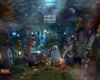 Könnte beinhalten: Ein digitales Kunstwerk, das eine gruselige Halloween-Szene darstellt. Ein junges Mädchen liest ein Buch, während sich ein Kind in einem Mumienkostüm und ein Geist in der Nähe befinden. Die Szene umfasst einen Friedhof, Kürbisse und den Text "HI-RES REVOLUTION by Tara Lesher".