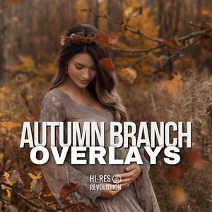 Puede incluir: Una mujer con un vestido marrón y una corona de flores se encuentra en un bosque con follaje otoñal. El texto "Autumn Branch Overlays" se superpone a la imagen. El texto "Hi-Res Revolution" también es visible en la imagen.