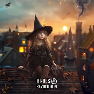 May include: A young girl dressed as a witch sits on a rooftop overlooking a magical cityscape. She wears a black witch's hat and a long black dress. The city is lit up with twinkling lights and there are flying objects in the sky.