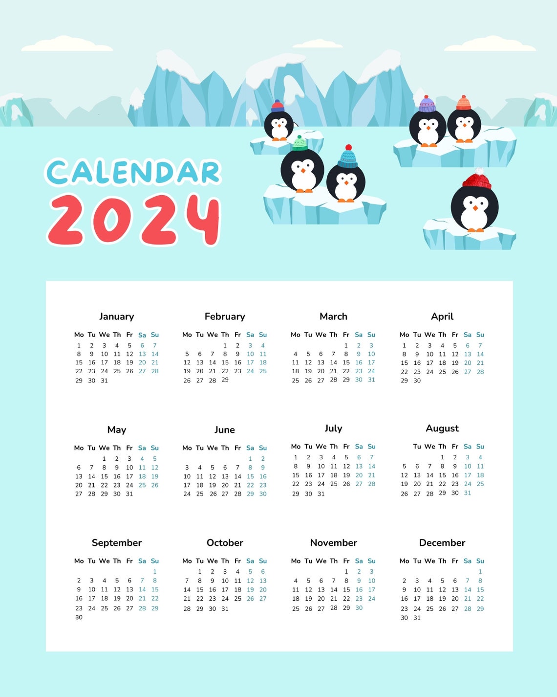 Kids Calendar Calendar 2024 Printable Calendar Penguins Etsy Kids Calendar Calendar 2024 Printable Calendar Penguins Etsy