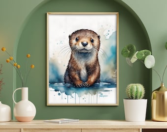 Watercolor Otter Painting | DIGITAL DOWNLOAD Cute Otter Poster Printable Animal Wall Art Nursery Decor Wall Art Decor Cute Otter for nursery