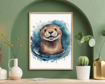 Watercolor Otter Painting | DIGITAL DOWNLOAD Cute Otter Poster Printable Wall Art Nursery Decor Wall Art Decor Cute Animal Otter for nursery