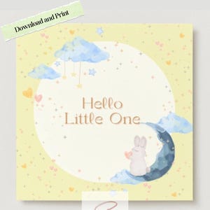 Gender Neutral Baby Ankündigung | Digitale Geburtsanzeige | Hase auf Mond | Gelbe Baby Karte | Sofortiger Download | Druckbare Neugeborenen Karte