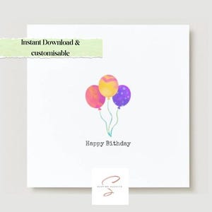 Biglietto di compleanno con palloncino ad acquerello / Biglietto di compleanno stampabile / Biglietto di compleanno digitale / Download immediato / Biglietto di compleanno / Biglietto di auguri digitale