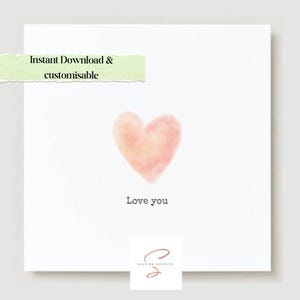 Tarjeta de corazón rosa con acuarela / Tarjeta de amor / Tarjeta digital imprimible / Descarga instantánea / Tarjeta de San Valentín / Mensaje de amor / Tarjeta de corazón