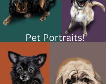 May include: Four pet portraits of dogs. A black and brown cocker spaniel, a light brown dog with a white chest, a black chihuahua, and a light brown dog with a white face.