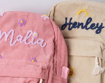 Mochila de pana hecha a mano: Mochilas escolares bordadas personalizadas para niños y niños pequeños