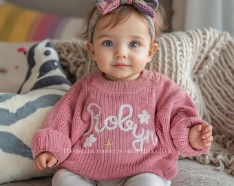 Hand-Embroidered Personalized Baby Sweater: Custom Name, Organic Cotton