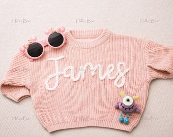 Personalized Baby Girl's Sweater with Hand-Embroidered Name and Monogram - A Heartwarming Christmas Gift from Aunt