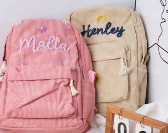 Sac à dos en velours côtelé fabriqué à la main : sacs d'école brodés personnalisés pour enfants et tout-petits