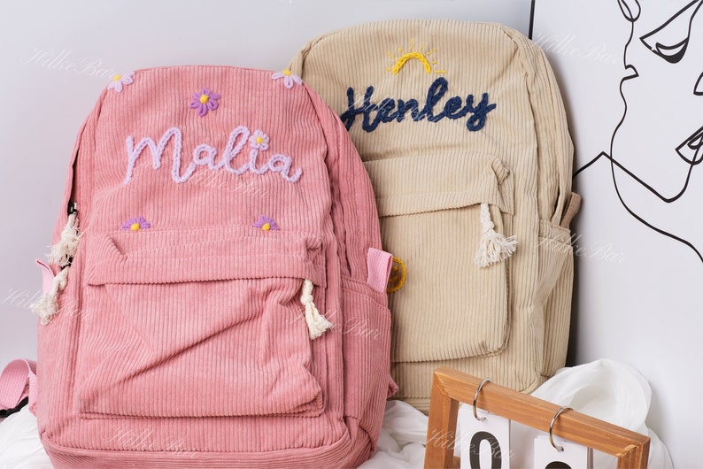 Zaino in velluto a coste realizzato a mano: borse scolastiche ricamate personalizzate per bambini e neonati immagine 1