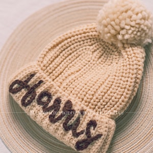 Customized Knit Pom Pom Beanie for Kids – Hand-Embroidered Winter Hat, a Cozy and Unique Gift for Babies and Toddlers!