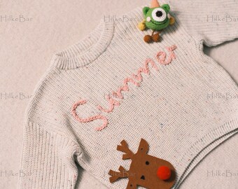 Personalized Baby Girl's Sweater with Hand-Embroidered Name and Monogram - A Heartwarming Christmas Gift from Aunt