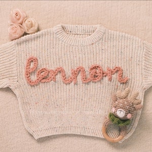 Personalized Baby Girl's Sweater with Hand-Embroidered Name and Monogram - A Heartwarming Christmas Gift from Aunt